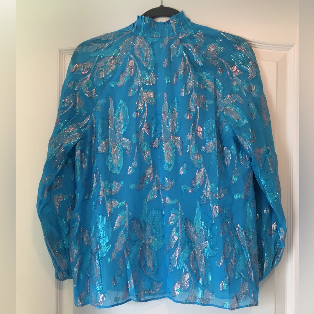 NWOT Lilly Pulitzer Galiana metallic turquoise blue silk blouse S - Picture 7 of 15